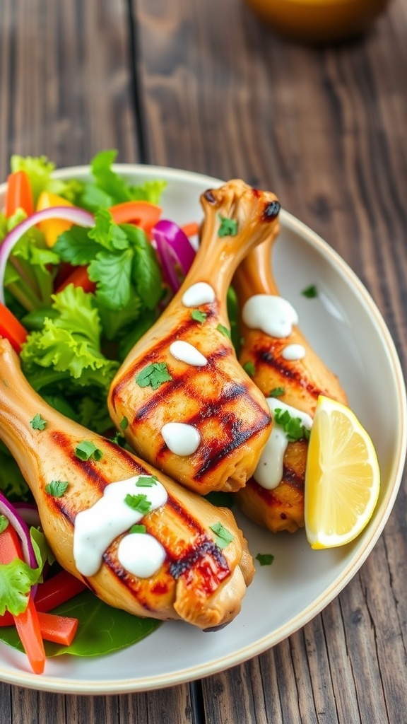 Grilled chicken drumsticks marinated in yogurt, served with salad and lemon on a rustic table.